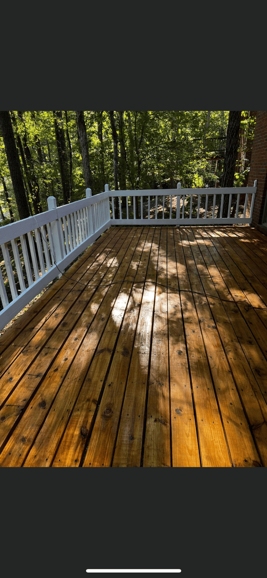 Deck restoration process in Mountain Brook with chemical stripping and mechanical sanding