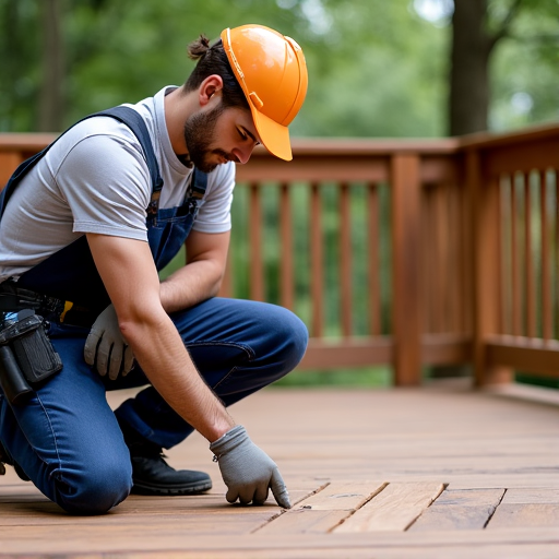 Alabama Deck Restoration specialist inspecting deck for repair before stain in Vestavia Hills