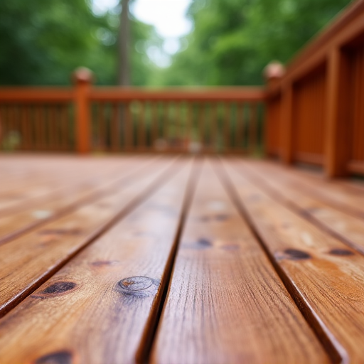 Deck maintenance specialist expertly treating a wood deck at an Alabama home. Professional applying protective coating to maintain wood health and enhance appearance.