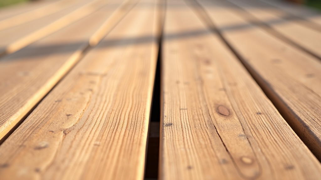 Close-up of a beautifully restored wooden deck, showing the natural grain after paint removal and sanding