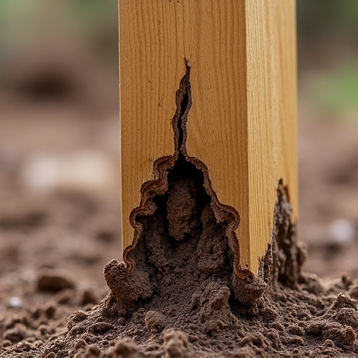 Close-up of rotted deck post bottom. A detailed view of a severely rotted deck post at its base, showing damage from moisture and typical issues found in Birmingham's climate, highlighting the need for remediation.