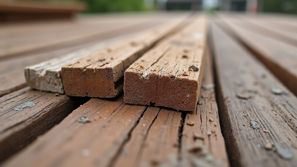 Close-up view of a deck with visible wood rot on a ledger board, highlighting a safety concern in Homewood, AL.