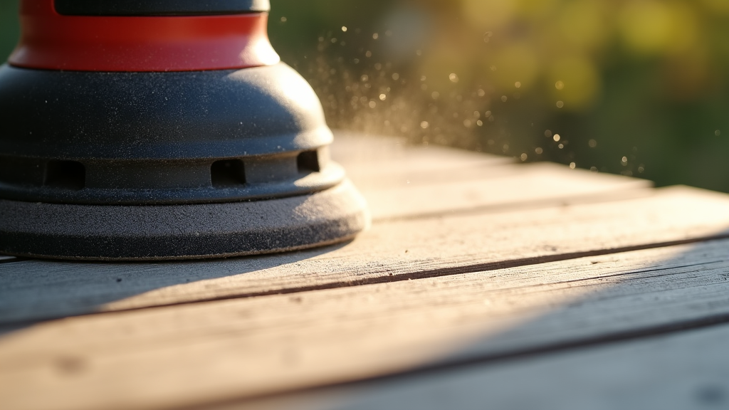 Close-up of a deck board being sanded, showcasing the deck restoration process with wood dust and focused effort in Birmingham, Alabama.